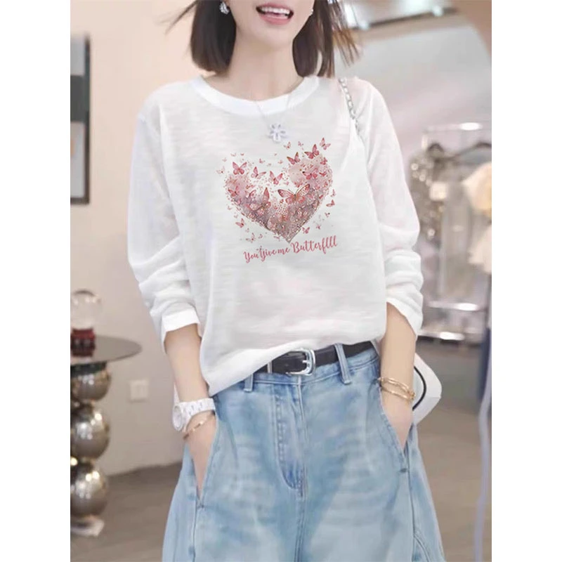 2025新款正肩雪花棉长袖t恤女春夏秋季时尚百搭白色薄款防晒上衣