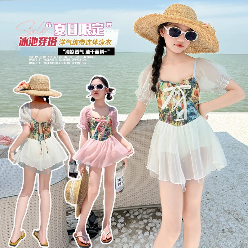 女童泡泡袖泳衣2025夏季女孩碎花连体游泳衣泳装度假公主裙装防晒