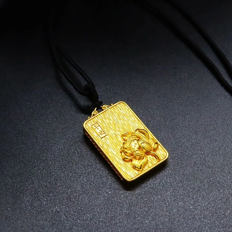 项链饰品男士莲花项链金色荷花平安无事牌编织绳毛衣链双面古法