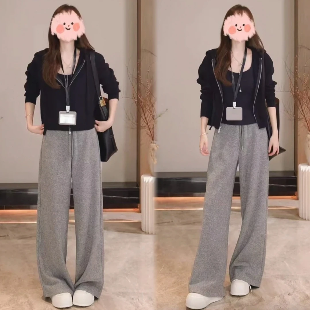 2025秋季新款时尚气质连帽针织毛衣开衫松紧腰抽绳直筒休闲裤套装