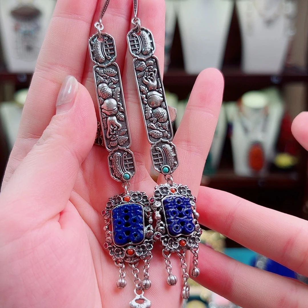 挂件青金石银S925镶嵌耳环