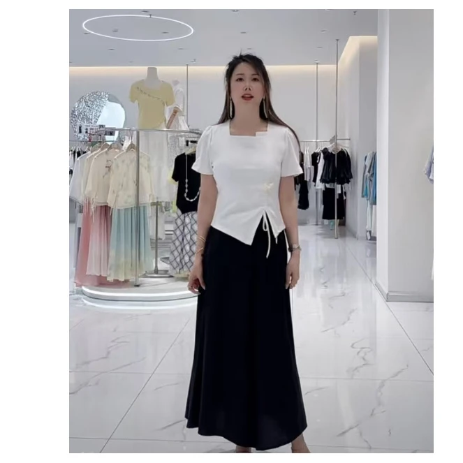 2025设计感抽绳短袖T恤+裙裤穿搭一整套套装HJ-1801