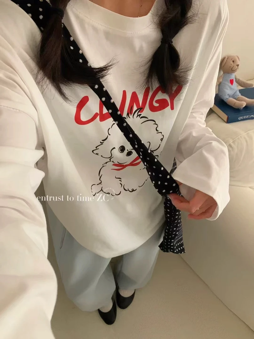 趣味卡通图案长袖小狗T恤女2025春季新款宽松休闲百搭圆领上衣薄