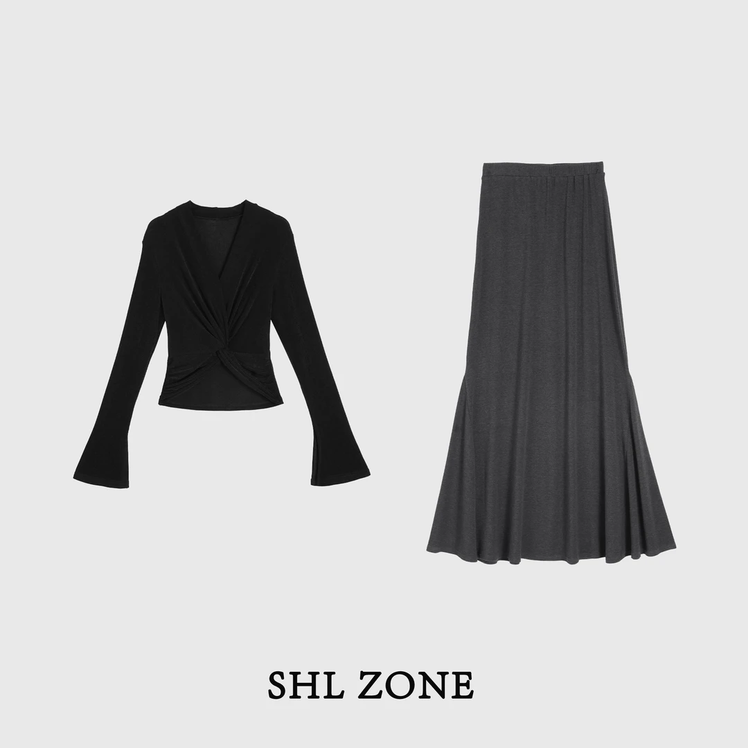 舒胡蕾 黑灰女神 气质弹力针织套装时尚显瘦修身长袖百搭设计感