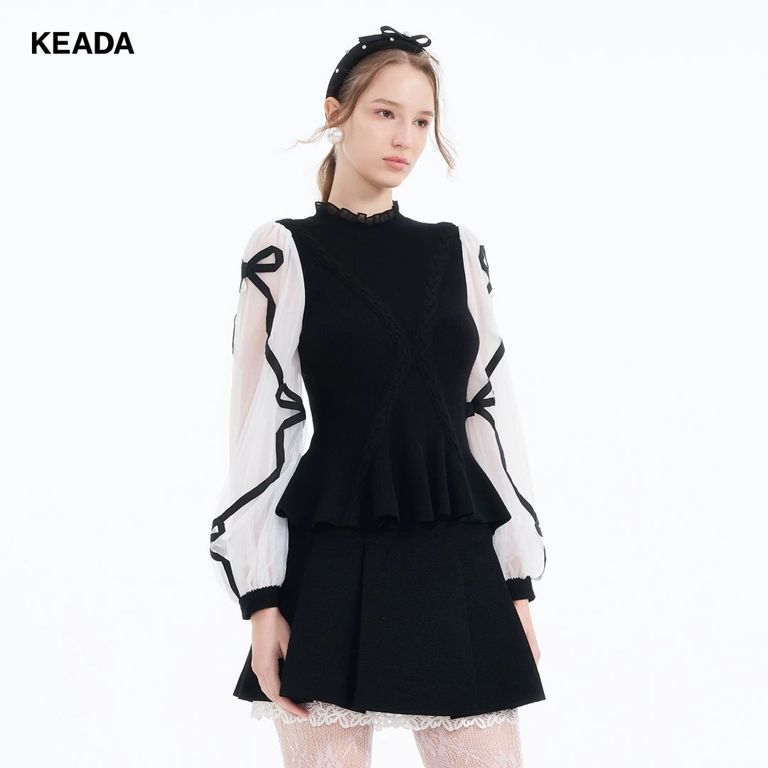 KEADA针织衫黑白拼接网纱袖精致收腰氛围感针织衫KSN4032205
