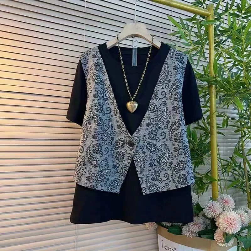 韩版拼接假两件复古马甲T恤时尚百搭短袖女遮肚子显瘦