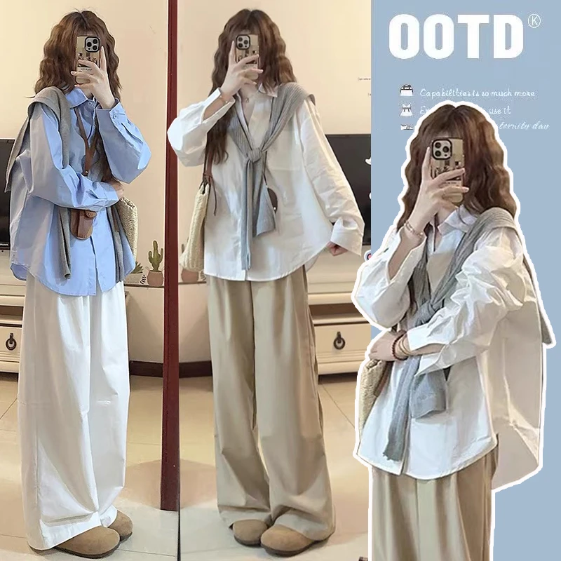 孕妇秋装套装时尚2025春秋款时髦长袖衬衫上衣阔腿裤两件套早秋季