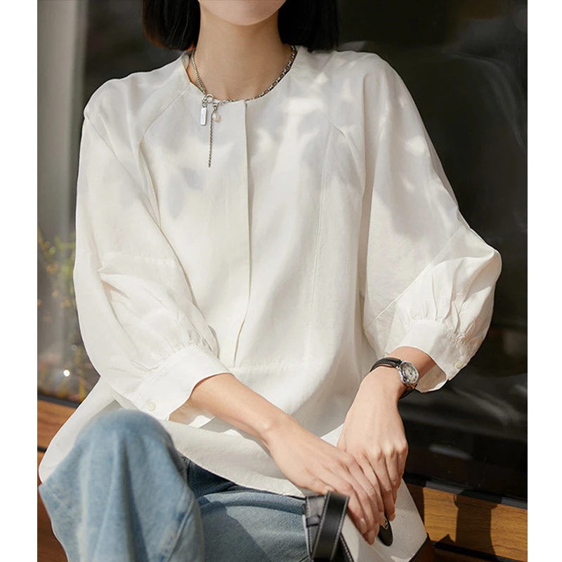 温柔气质灯笼袖白色衬衫设计感圆领衬衣小众新款高级上衣0578
