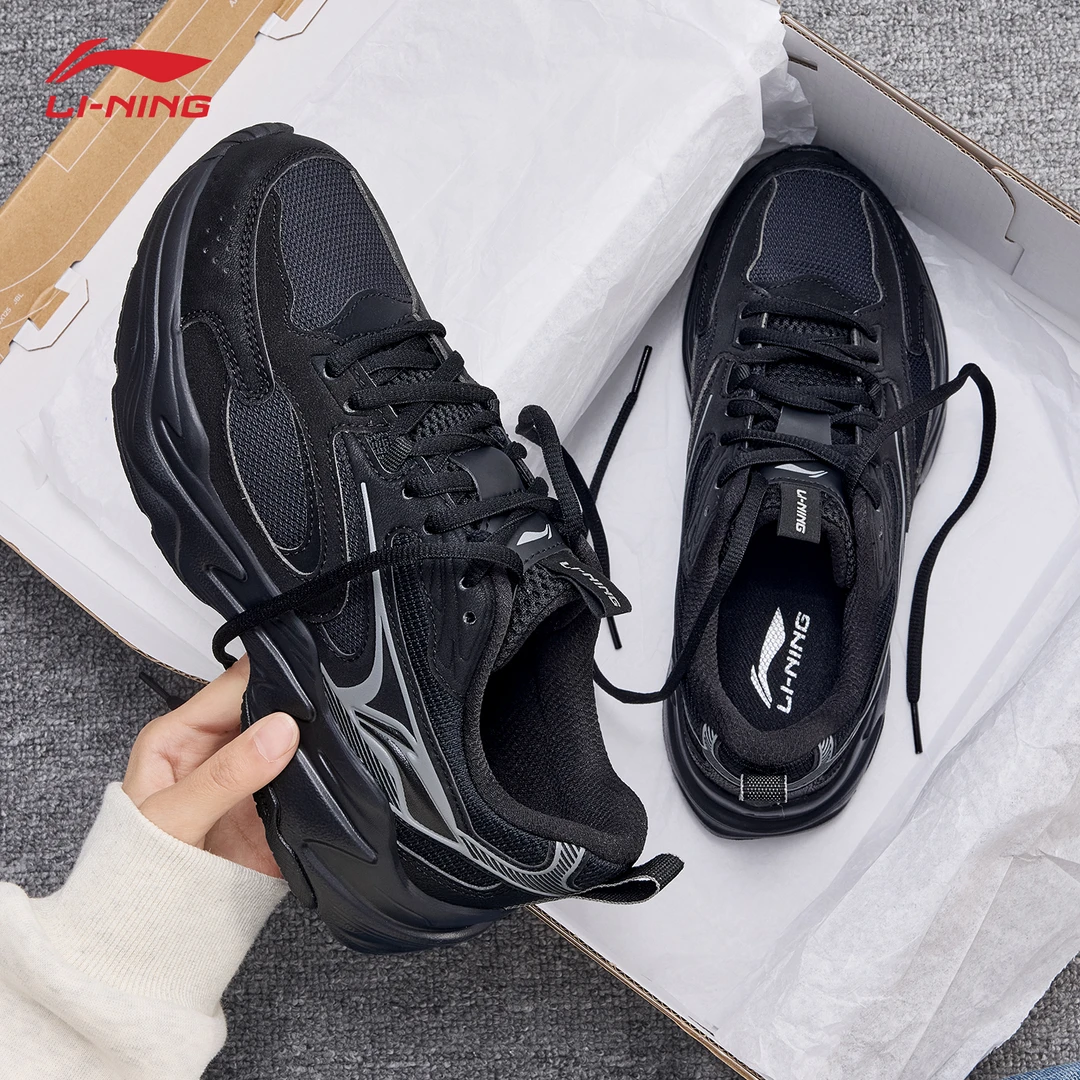 李宁运动鞋女鞋夏季新款网面透气2025黑色经典复古跑步轻弹老爹鞋