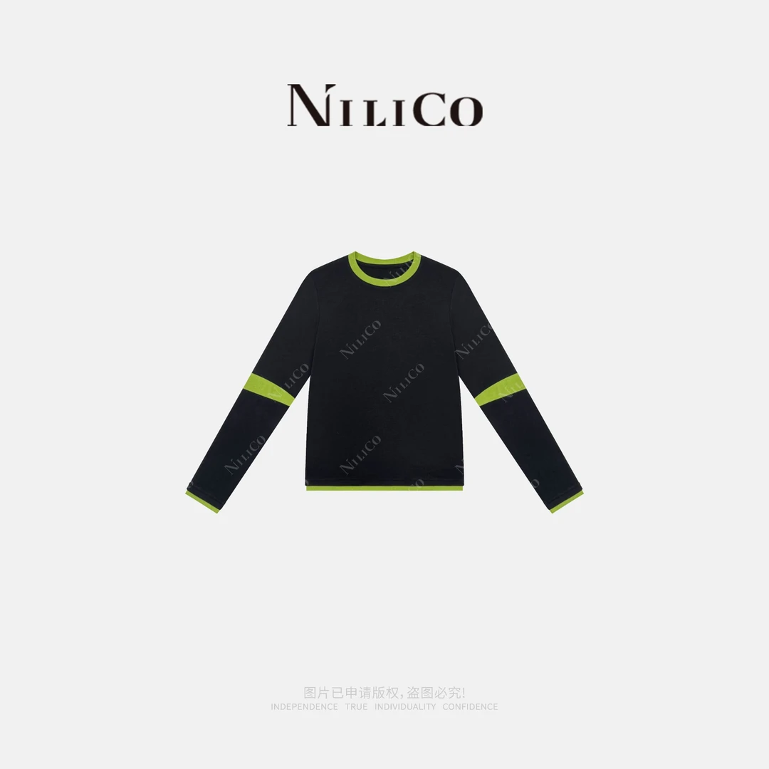 NILICO【夹心慕斯】撞色拼接简约显瘦假两件打底上衣