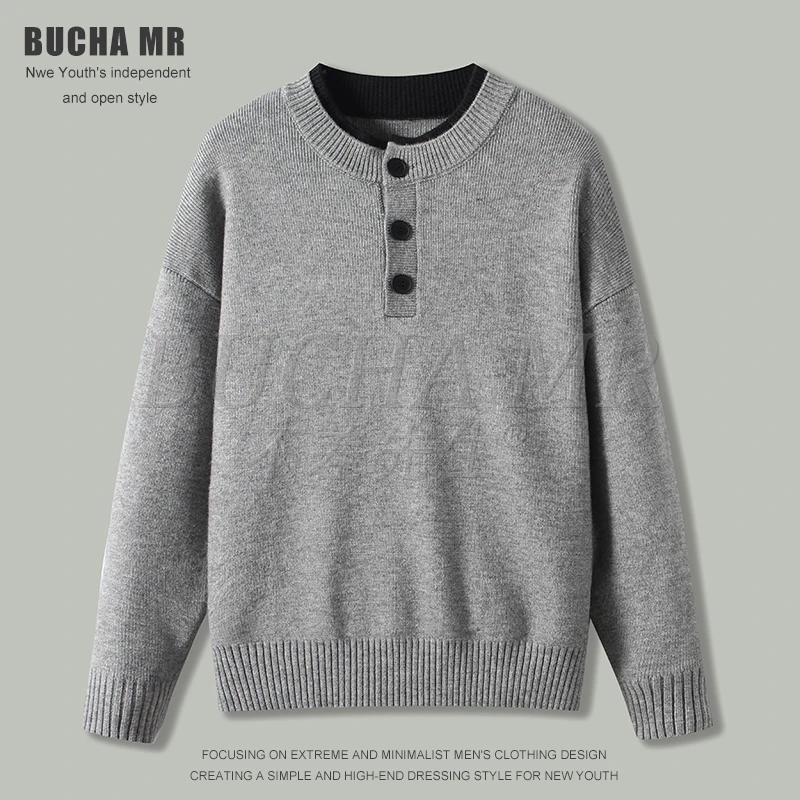 秋冬老钱风男士假两件亨利领纽扣针织衫宽松毛衣高级感提花打底