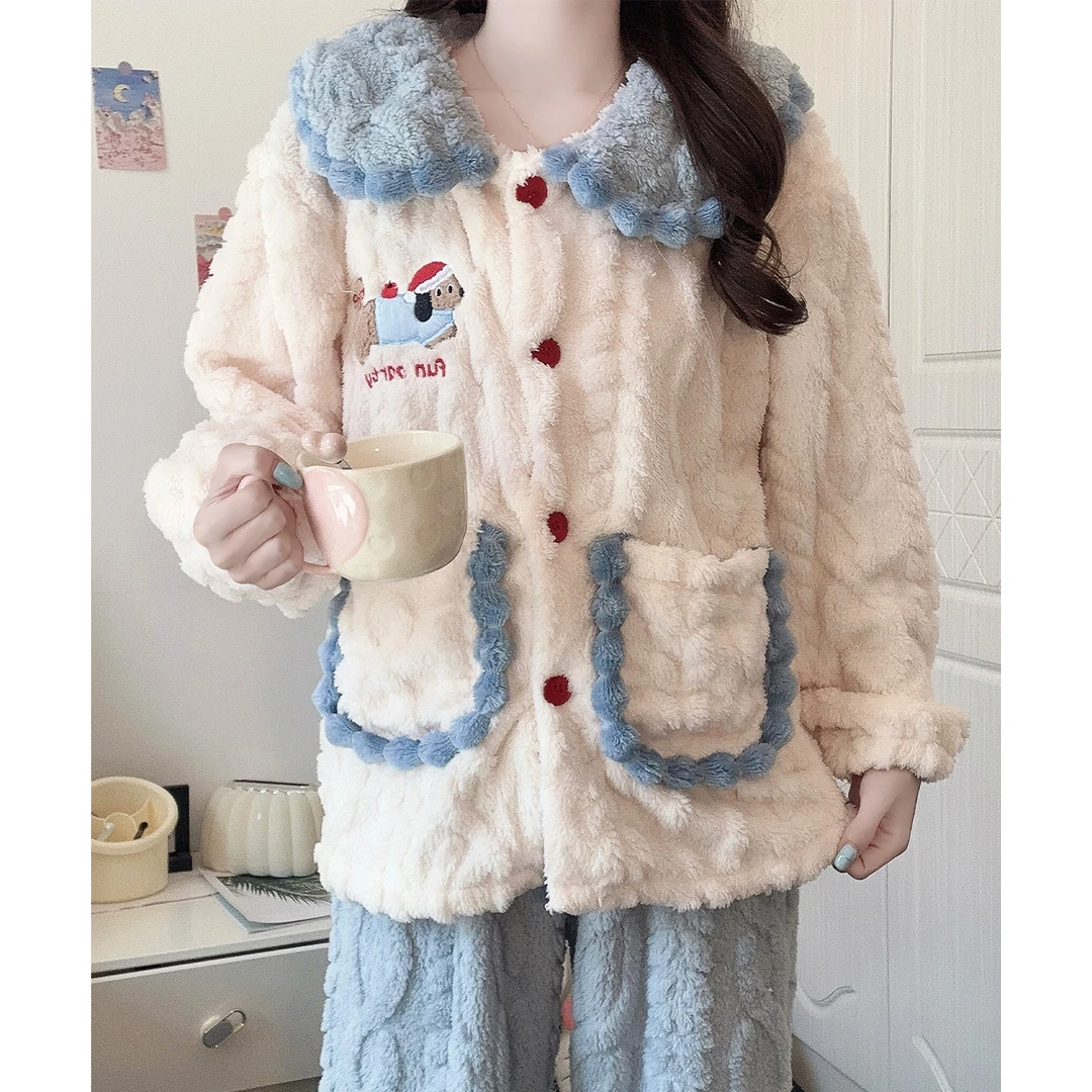 长毛绒睡衣女冬季加厚娃娃领腊肠狗少女保暖珊瑚绒新款家居服套装