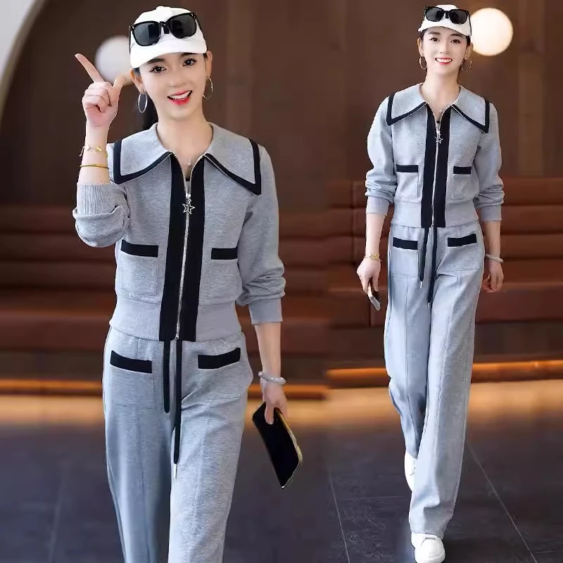 时尚休闲套装女2025春季新款洋气显瘦减龄大翻领开衫阔腿裤两件套