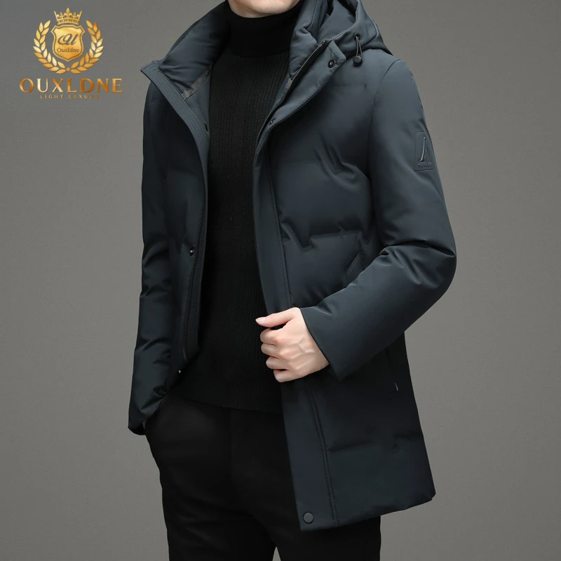 OUXLDNE 中长款羽绒服男士2025冬季加厚保暖连帽大衣休闲风衣外套
