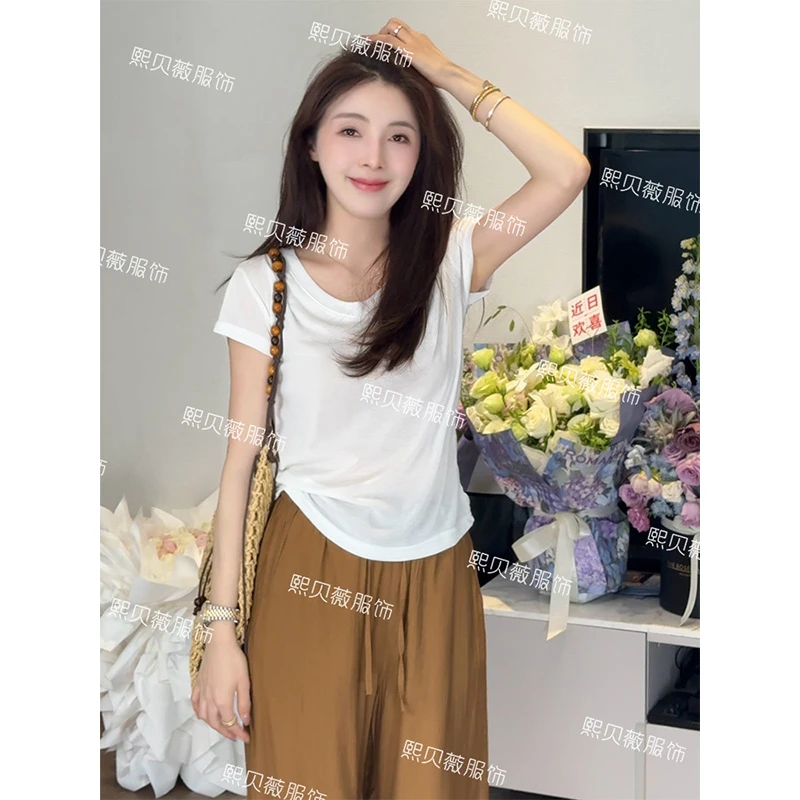 熙贝薇8 韩系纯色正肩收腰基础百搭夏季薄款小版短袖T恤 G7758