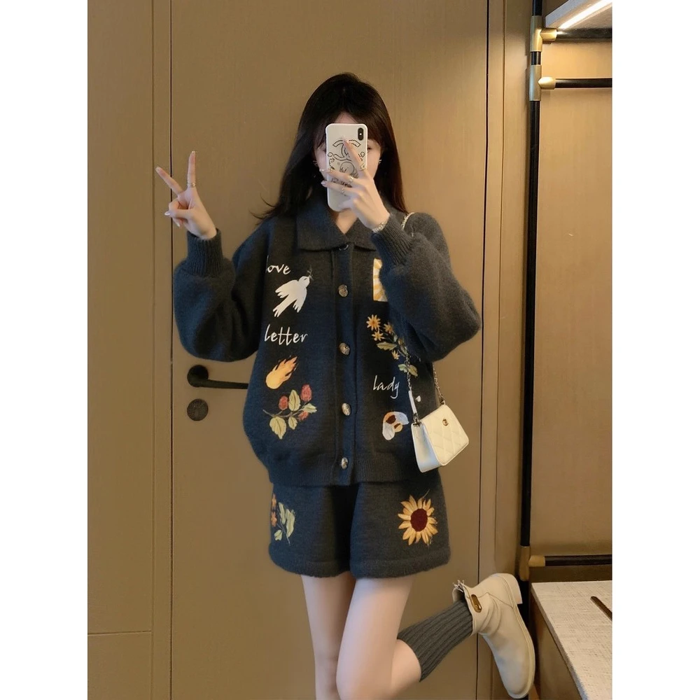 灰色气质针织套装女2025新款秋冬慵懒风穿搭小个子上衣裤子两件套