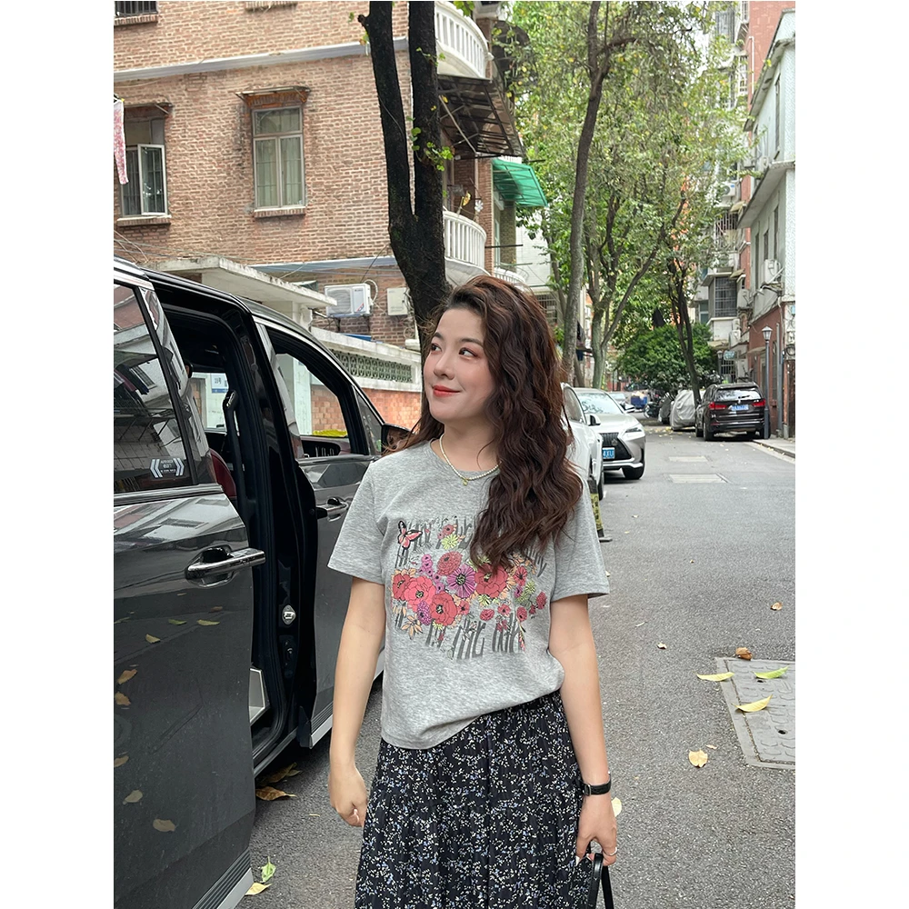 WenWen小个子韩系圆领蝴蝶花印花时尚短袖T恤百搭休闲上衣3764