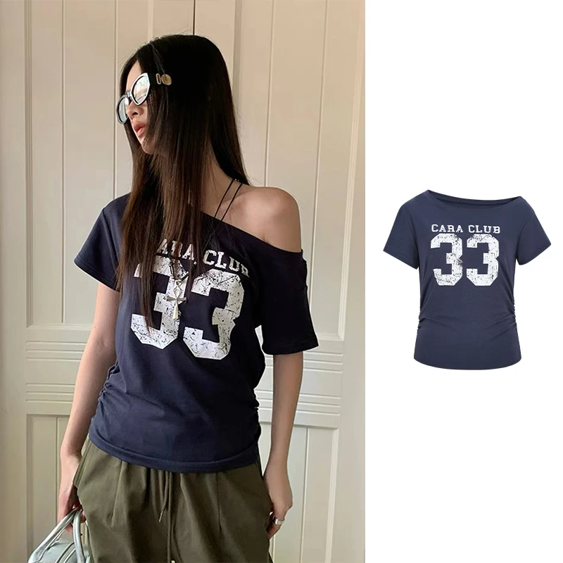 Moses Queen/魔西女王美式辣妹斜肩字母印花短袖T恤女夏新款宽松