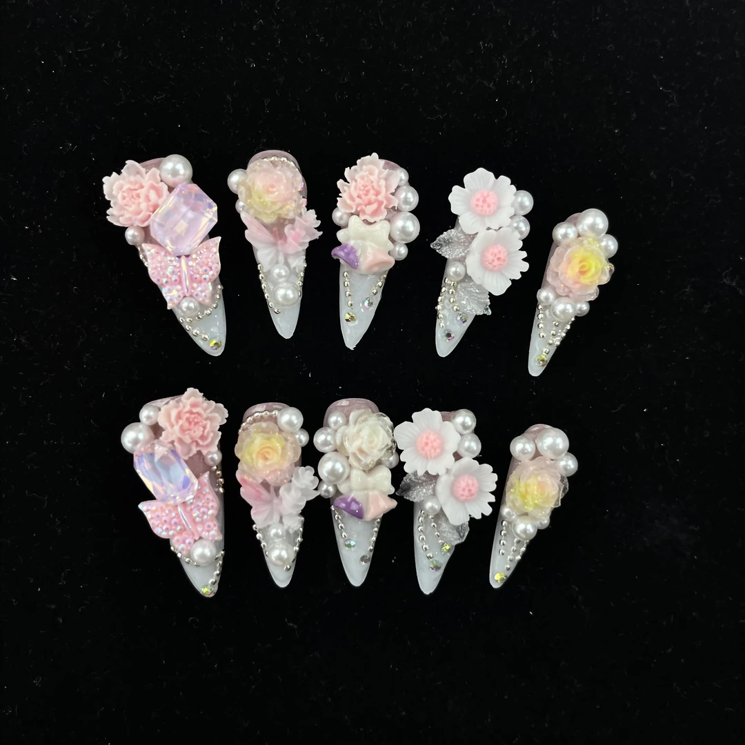 【BAO3.0尖粉边白夏末】手工穿戴美甲显白摩卡精致气质ins粉色3.0尖