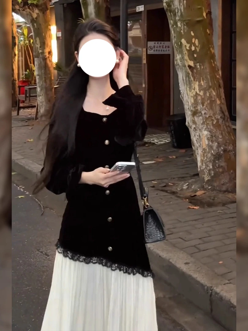 赫本风气质撞色名媛连衣裙女装2025秋冬新款优雅女神范时尚长裙子