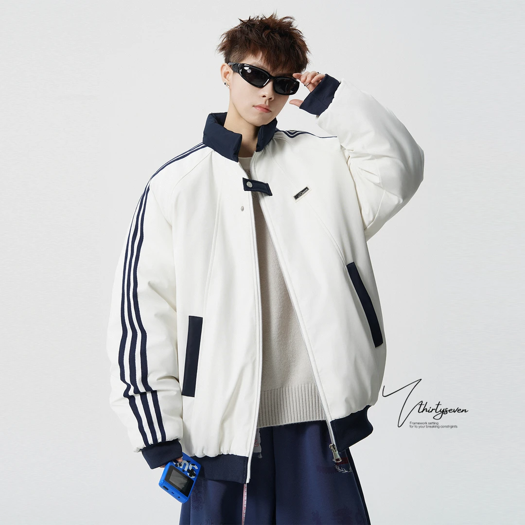V37美式学院风立领三条杠拼接棉衣男冬季新款加厚保暖棉服外套潮