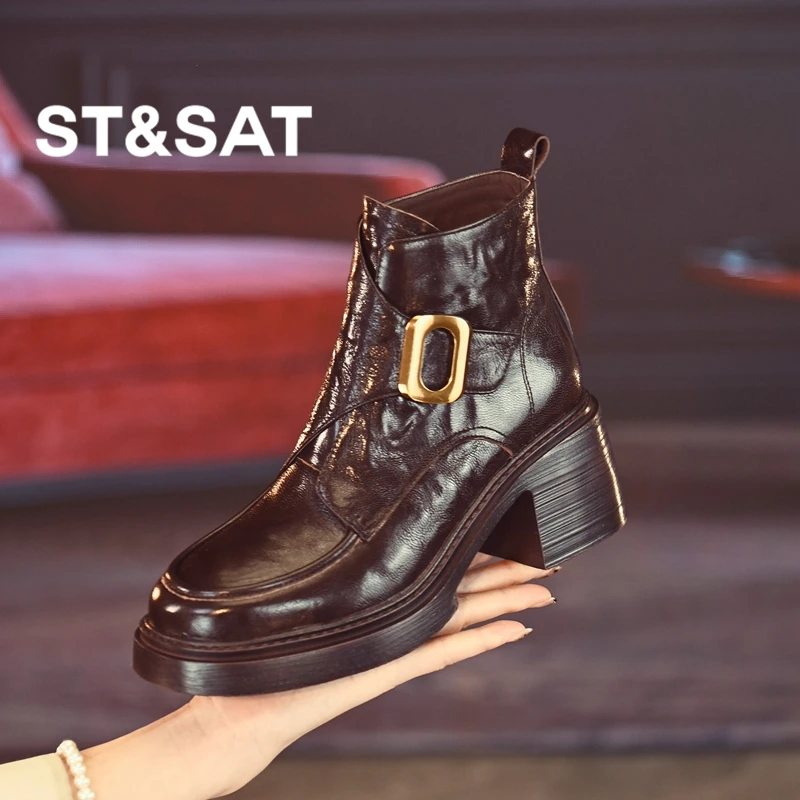 星期六时尚高跟短靴女2024年秋冬新款圆头百搭瘦瘦靴粗跟马丁靴