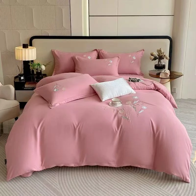 （LAOHE） 刺绣 素色四件套 柔软亲肤伴您眠！轻奢高档纯色简约