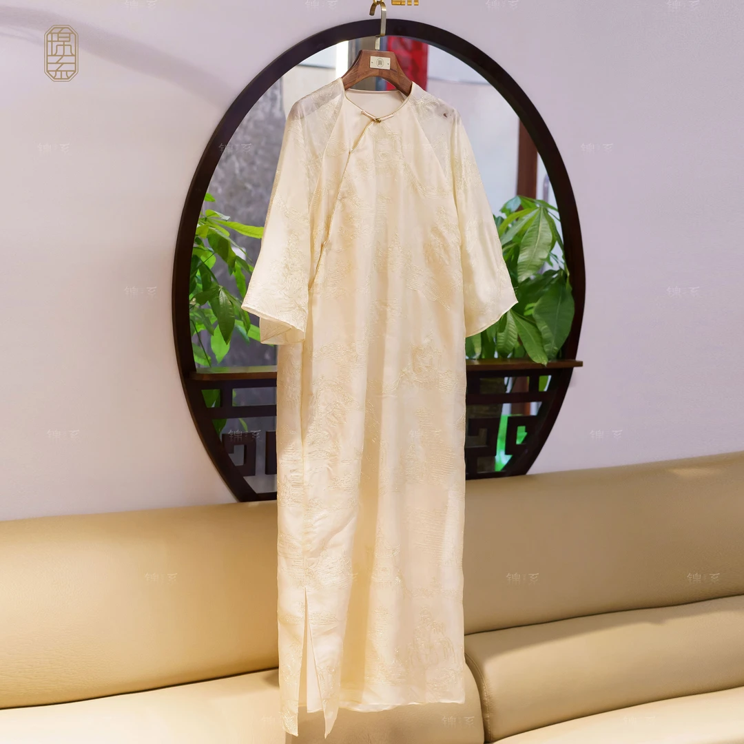 【锦系】真丝欧根纱提花新中式国风桑蚕丝绣花七分袖连衣裙L-382538