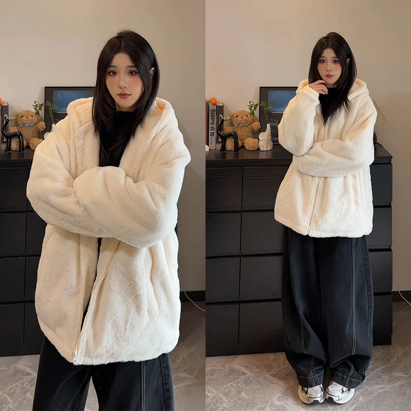 仿兔毛连帽棉服男女款冬季加厚保暖潮牌慵懒感防寒夹克美拉德外套