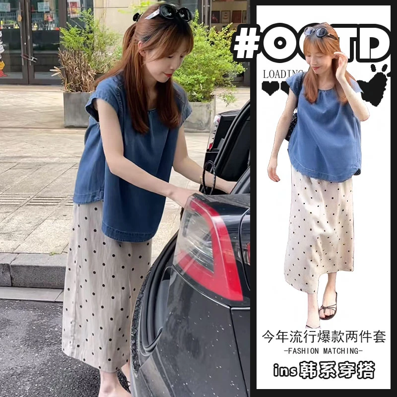 欧美气质宽松显瘦减龄无袖上衣高腰波点半身裙港味别致百搭两件套