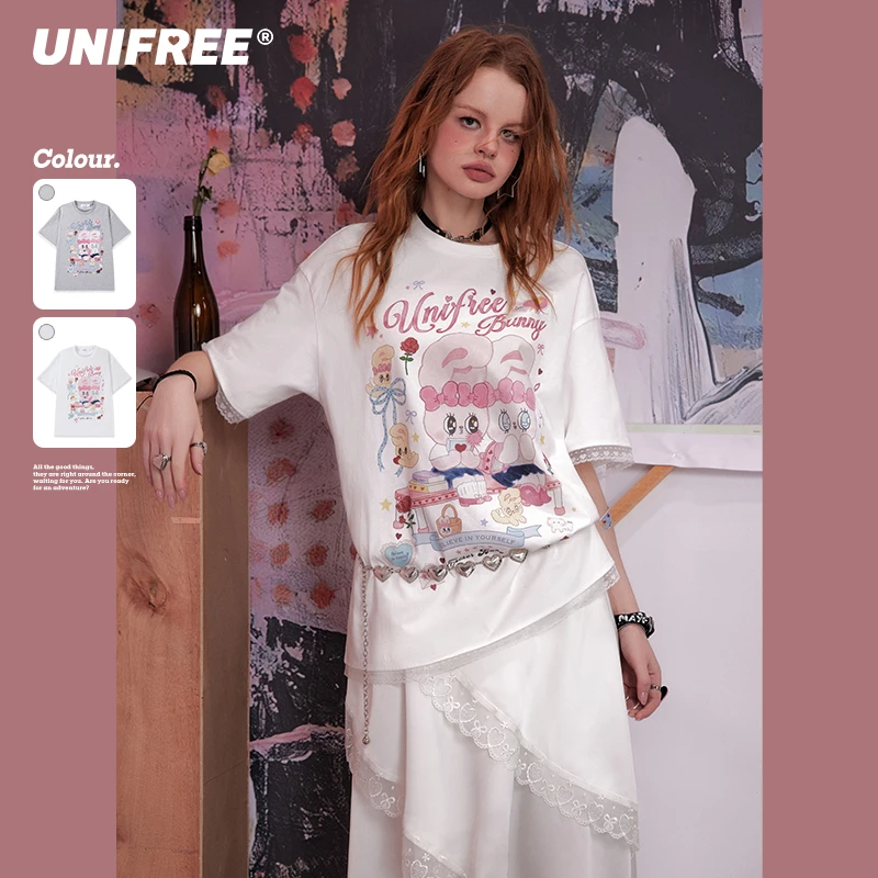 unifree【25年夏】【联名】蕾丝边短袖T恤女韩版慵懒风上衣