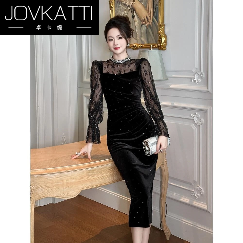 Jovkatti欧洲站黑色丝绒连衣裙女秋冬季蕾丝拼接重要场合修身显瘦