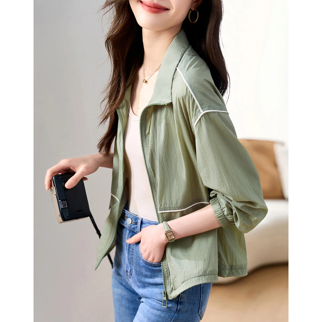 2025夏季新款拼色休闲简约百搭抽绳质感防晒外套女士01223