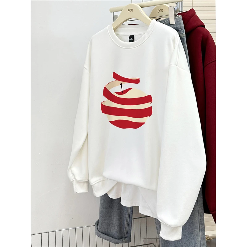 黑色圆领长袖卫衣女秋冬新款韩版设计感苹果印花宽松大码加厚上衣