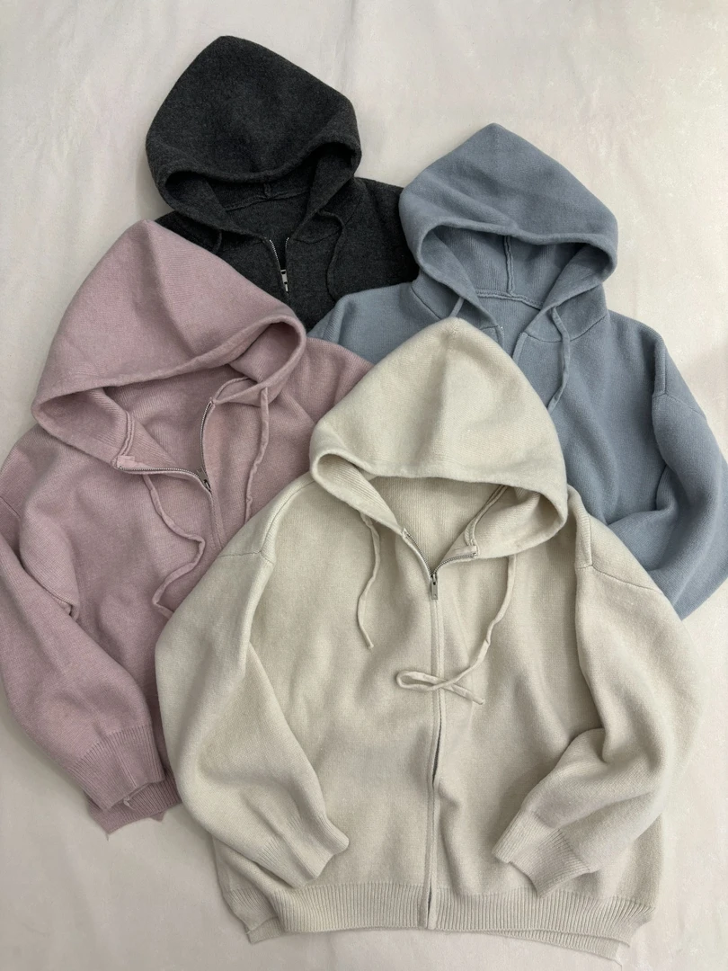 [王小二]159抽绳拉链连帽针织开衫女秋冬叠穿宽松显瘦外穿