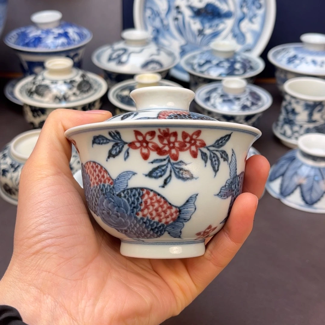 景德镇青花釉里红兰寿鱼盖碗