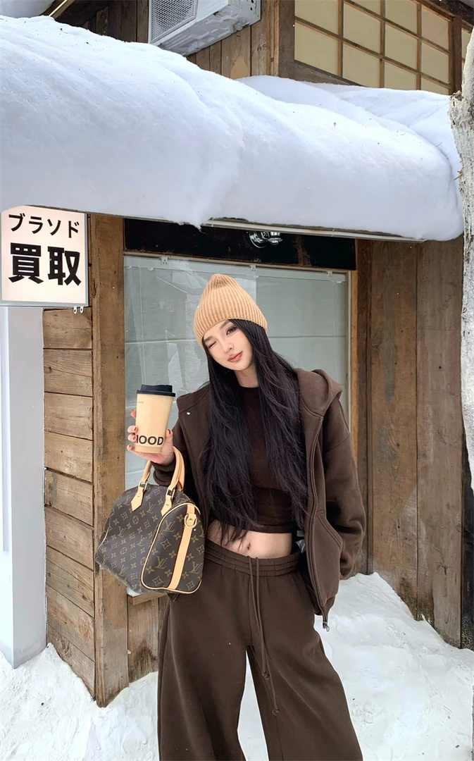 美式复古纯色简约慵懒宽松加绒休闲卫衣秋冬套装#22771