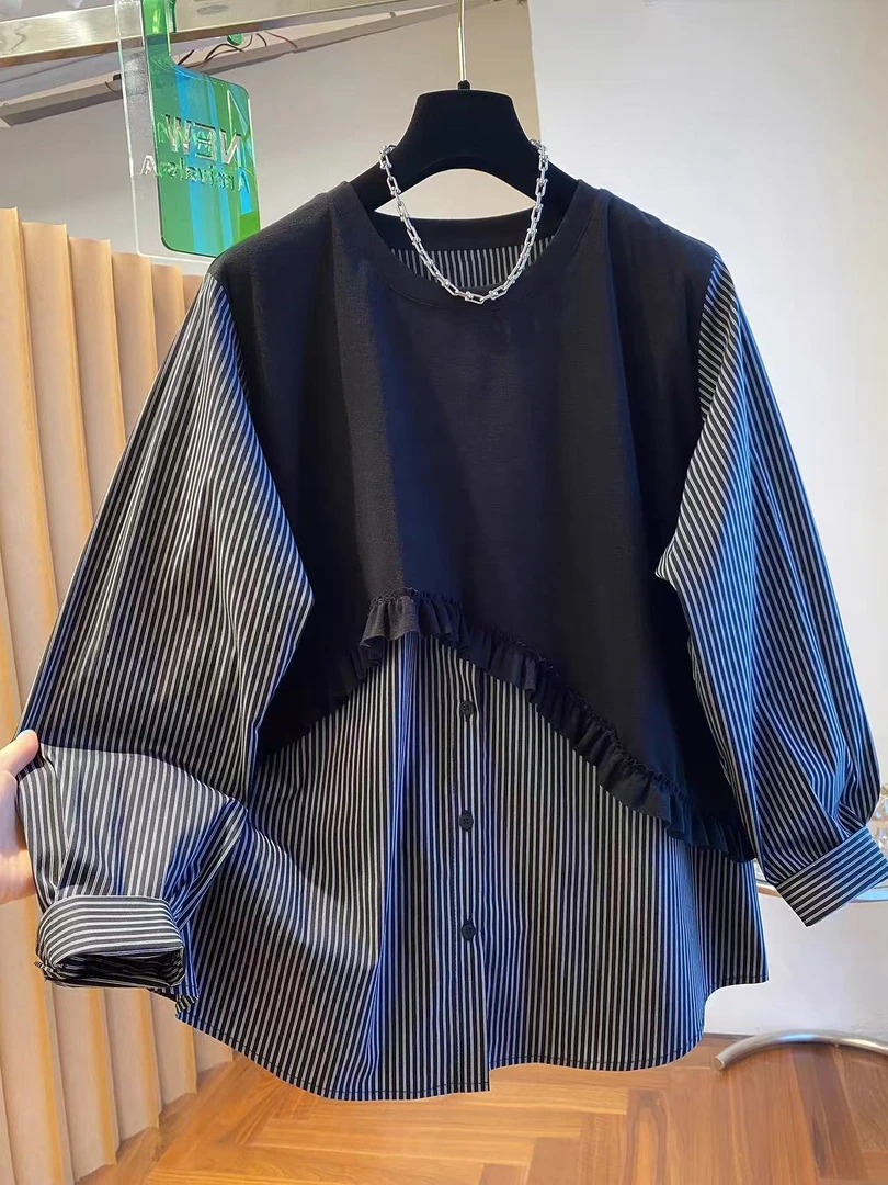 设计感小众条纹衬衫女长袖2025新款早秋季宽松别致独特假两件上衣