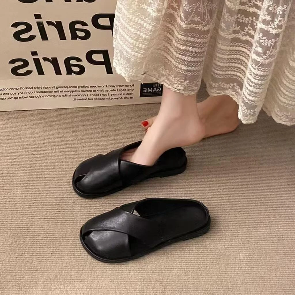 四季款韩版镂空包头半拖鞋女网红同款时尚休闲外穿平底法式女拖鞋