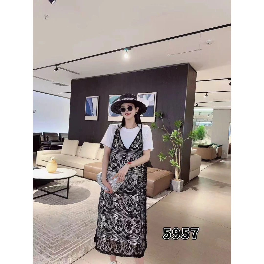 （大肥）气质遮肚子显瘦蕾丝吊带连衣裙打底两件套5957