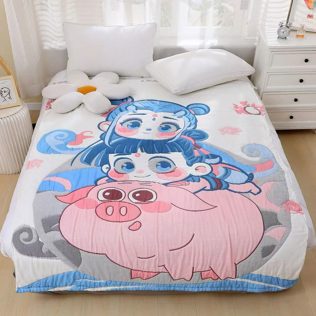 【骑猪哪吒】200*230cm亲肤可爱卡通柔软纱布泡芙被
