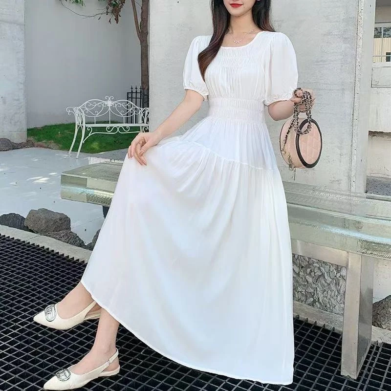 401-500高夏季纯色高腰短袖少女风连衣裙裙子气质中长款复古初恋