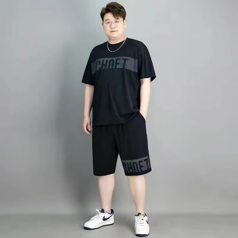 高弹性透气冰丝套装t恤短袖短裤男士大码时尚宽松休闲运动一套装