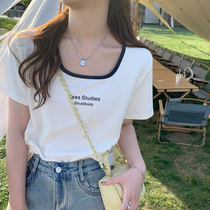 撞色方领上衣夏季2025新款独特别致设计感小众短袖正肩t恤女显瘦