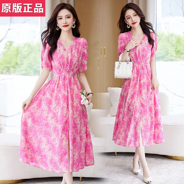 2025夏装新款高级感晕染雪纺连衣裙气质时尚V领一片式垂感裙子女