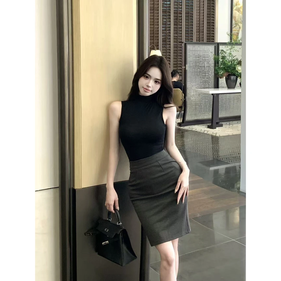 辣妹风黑色弹力紧身背心女夏季高腰性感包臀裙两件套