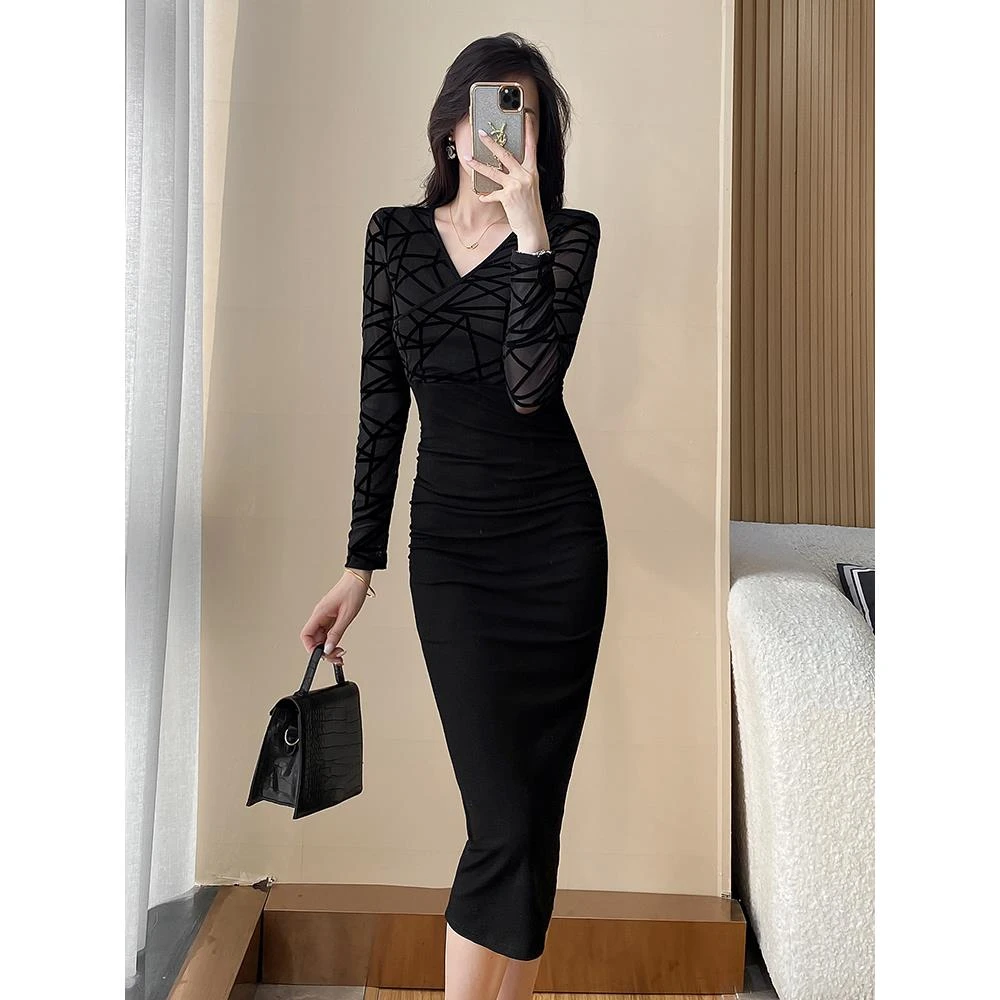 长袖连衣裙2025新款法式修身显瘦轻熟风气质网纱拼接包臀裙子女春