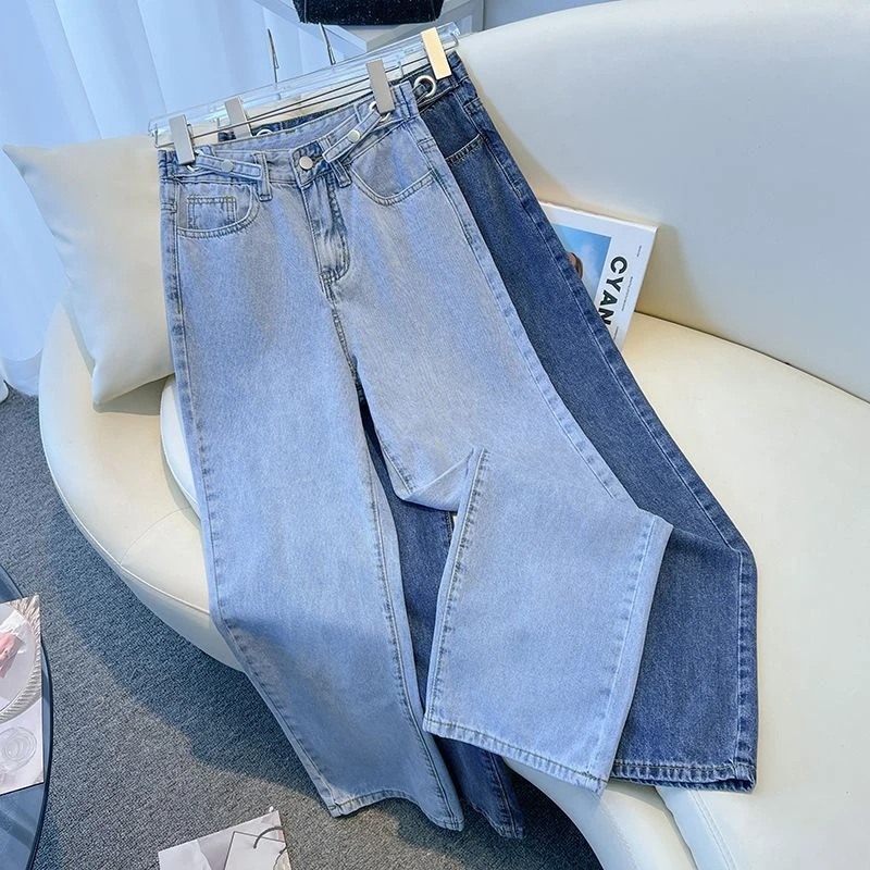 直筒牛仔裤女装设计感调节扣高腰宽松显瘦垂感拖地裤胖mm大码裤子