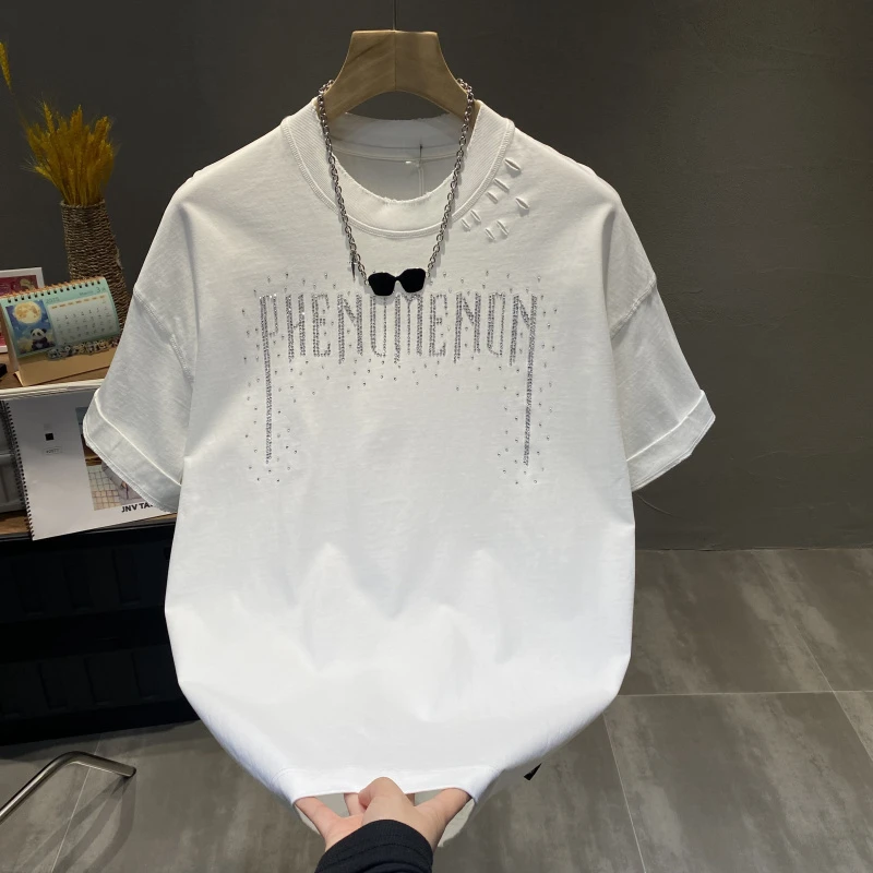 夏季纯棉渐变晕染圆领男士短袖潮流欧货时尚破洞字母烫钻宽松T恤