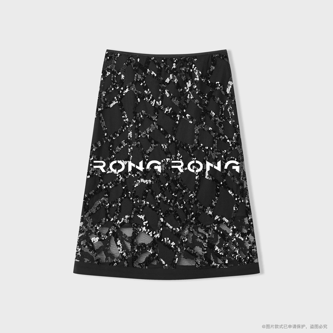 溶溶【菱格星河】RONGRONG 重工网纱不规则菱格亮片半身裙E-Z0451
